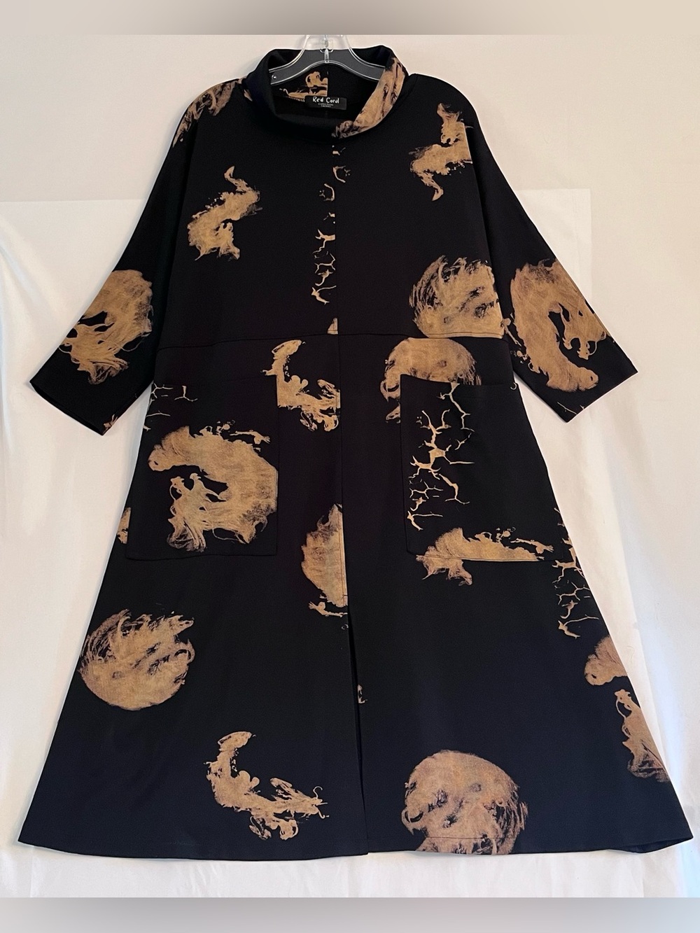 Red Coral Heavy Knit Abstract Art Print Mock Neck Tunic Dress